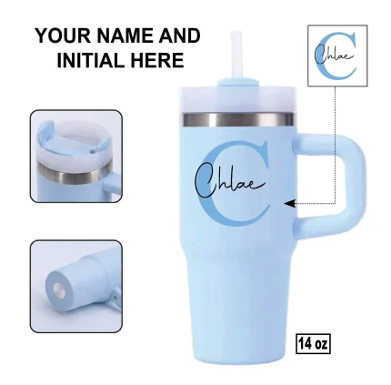 Light blue 14oz insulated stainless steel kids tumbler with straw
