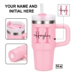 Light pink 14oz stainless steel kids tumbler with straw
