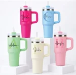 Mint green 14oz stainless steel kids water tumbler with straw