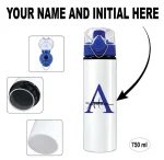 Personalised blue aluminium water bottle with custom name and initial