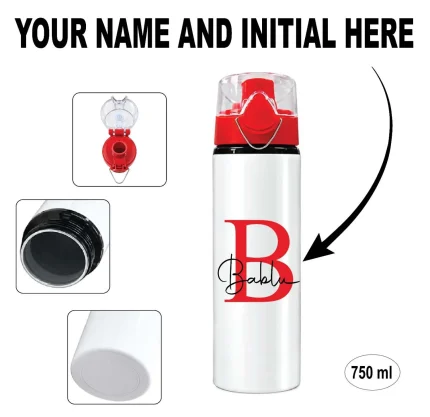 custom red aluminium water bottle with custom name and initial