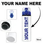 Blue personalised aluminium water bottle with custom text