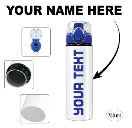 Blue personalised aluminium water bottle with custom text