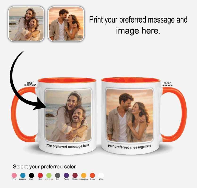 Personalised mug with orange interior and custom photo design