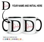 Personalised black mug with custom name and initial