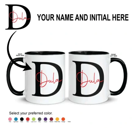Personalised black mug with custom name and initial