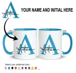 Personalised light blue mug with custom name and initial