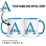 Personalised light blue mug with custom name and initial