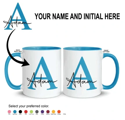 Personalised light blue mug with custom name and initial