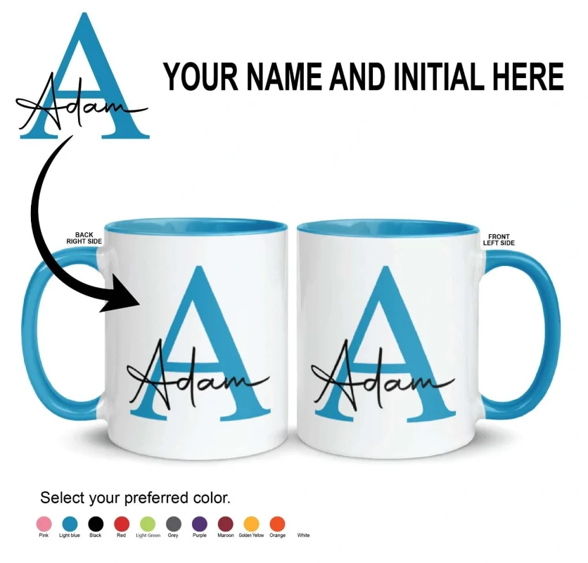 Personalised light blue mug with custom name and initial