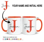 Personalised orange mug with custom name and initial