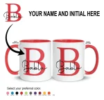 Personalised red mug with custom name and initial