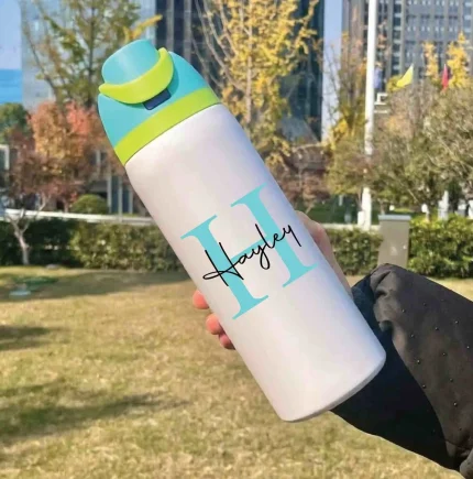 Colourful water bottle with a custom personalised design