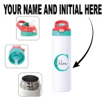 Blue water bottle with a stylish custom design
